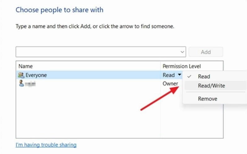 Hướng dẫn chi tiết cách kết nối 2 laptop để chơi game mượt mà không giật lag 7 Chọn Read Write nếu bạn muốn máy kia có thể copy dữ liệu vào hoặc xóa file