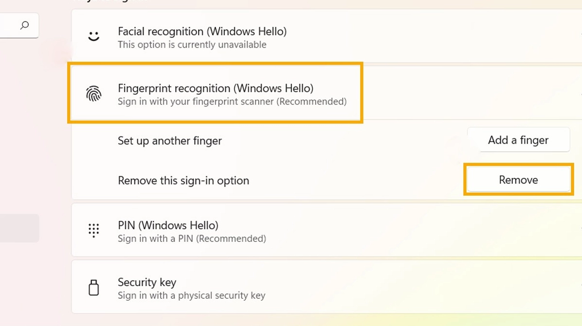 Chọn Remove để xóa vân tay đã đăng ký