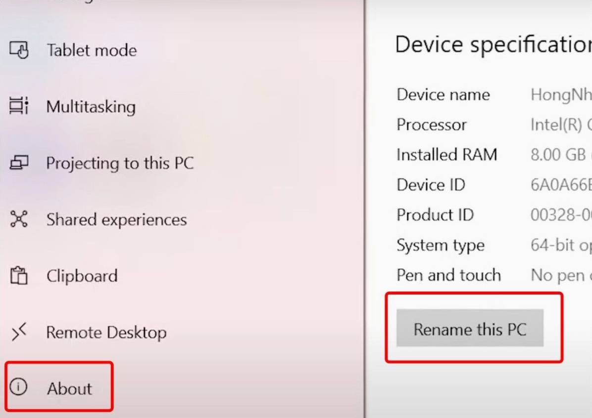 Chọn Rename this PC để đổi tên