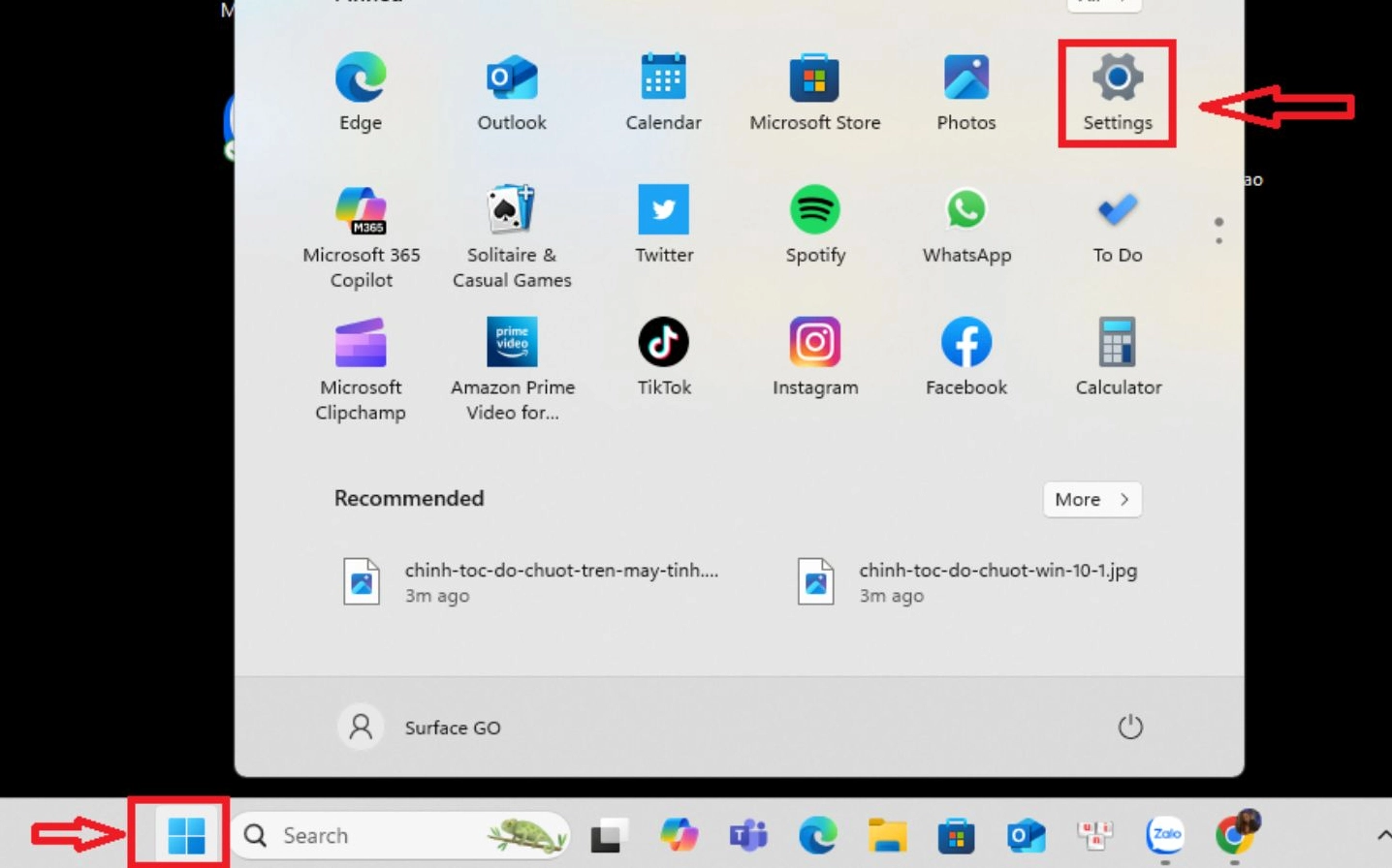 Chọn Start và bấm vào Settings