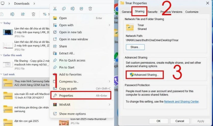 Hướng dẫn chi tiết cách truyền dữ liệu giữa 2 máy tính laptop hiệu quả nhất 29 Chọn tab Sharing và chọn mục Advanced Sharing…