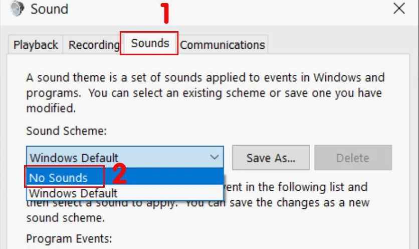 Hướng dẫn chi tiết cách làm cho laptop chạy mượt hơn trên hệ điều hành Windows 7 18 Chọn tab Sounds, tại mục Sound scheme đổi thành lựa chọn No Sounds