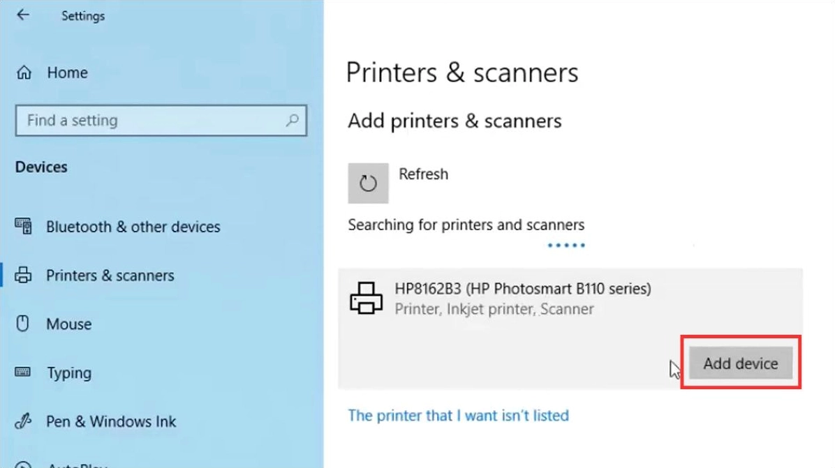 Chọn tên máy in cần kết nối và nhấn Add device để hệ thống cài đặt driver WiFi