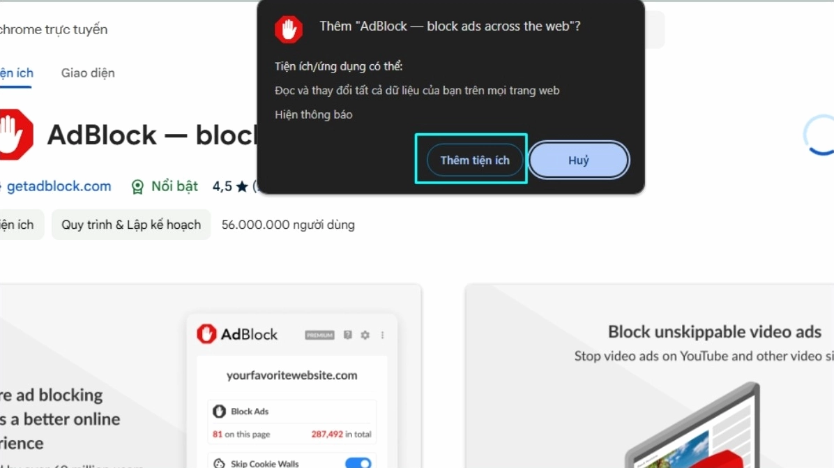 Chọn Thêm tiện ích (Add extension)