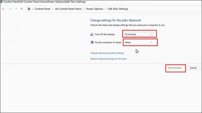 Chọn thời gian sáng màn hình phù hợp từ danh sách thả xuống