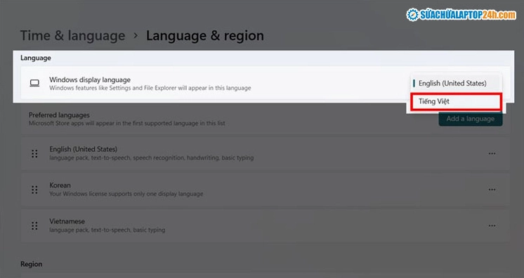 Hướng dẫn chi tiết cách đổi ngôn ngữ trên laptop Windows nhanh chóng 7 Chọn Tiếng Việt