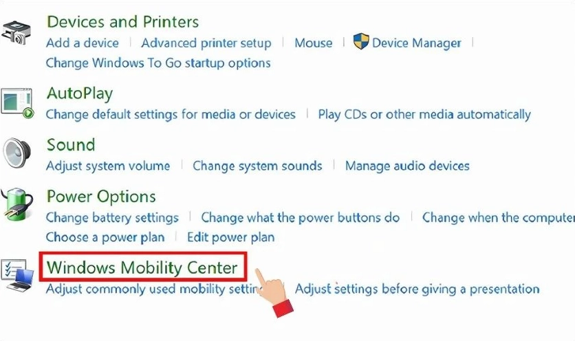 Chọn tiếp Windows Mobility Center từ danh sách hiện ra