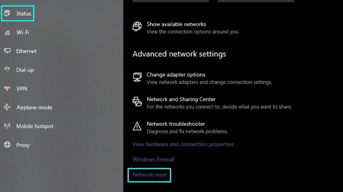 Chọn tính năng khôi phục trạng thái mạng ban đầu trong phần cài đặt