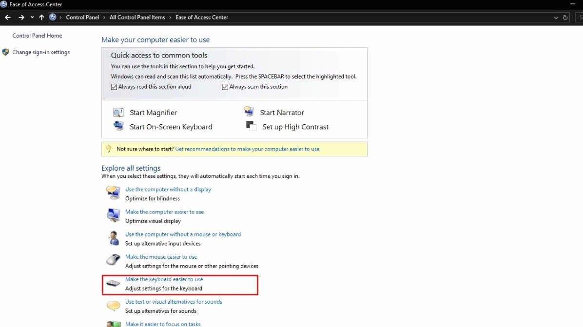 Chọn tùy chọn giúp sử dụng bàn phím dễ dàng hơn