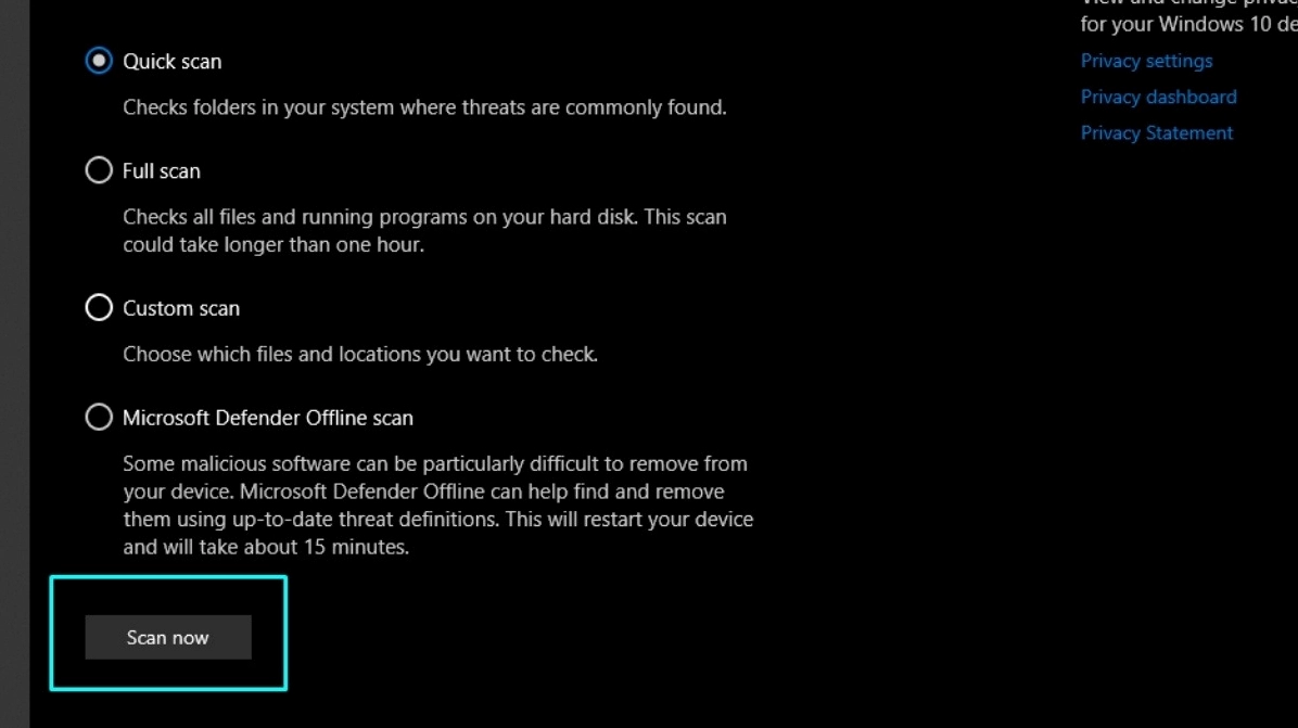Chọn tùy chọn quét virus mong muốn trong phần mềm và nhấn nút Scan now