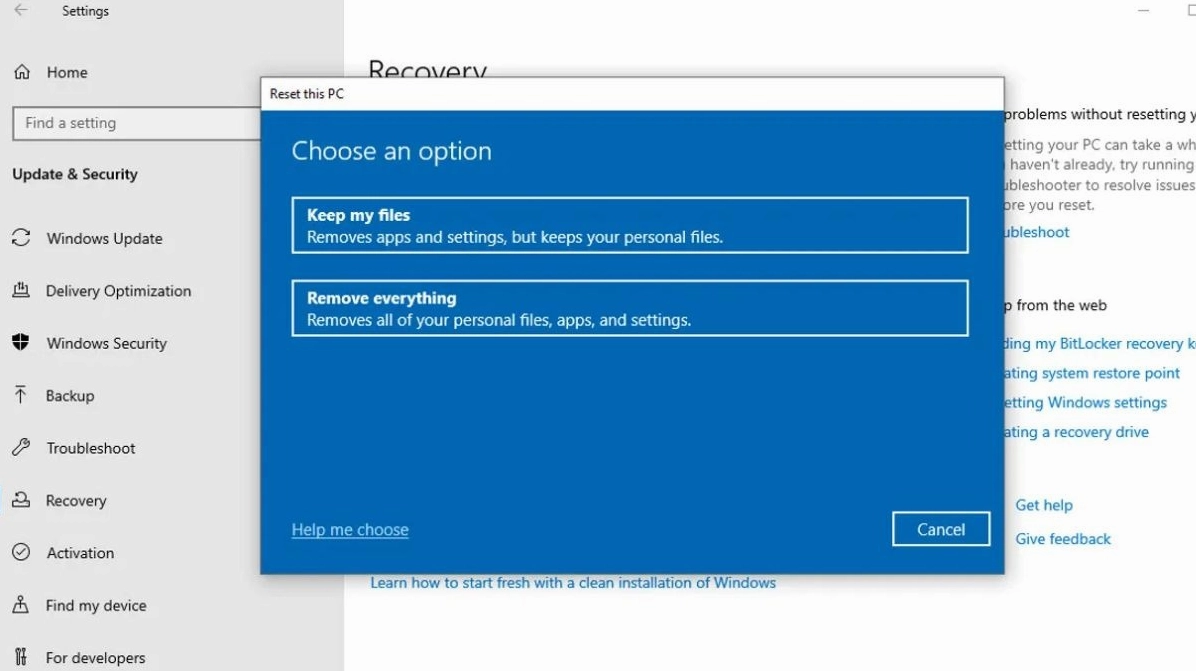 Chọn tùy chọn reset