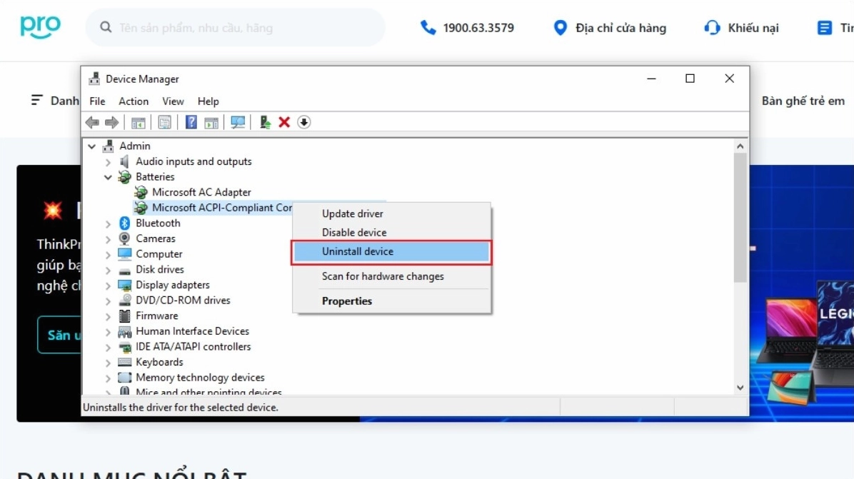 Chọn Uninstall device để gỡ bỏ driver
