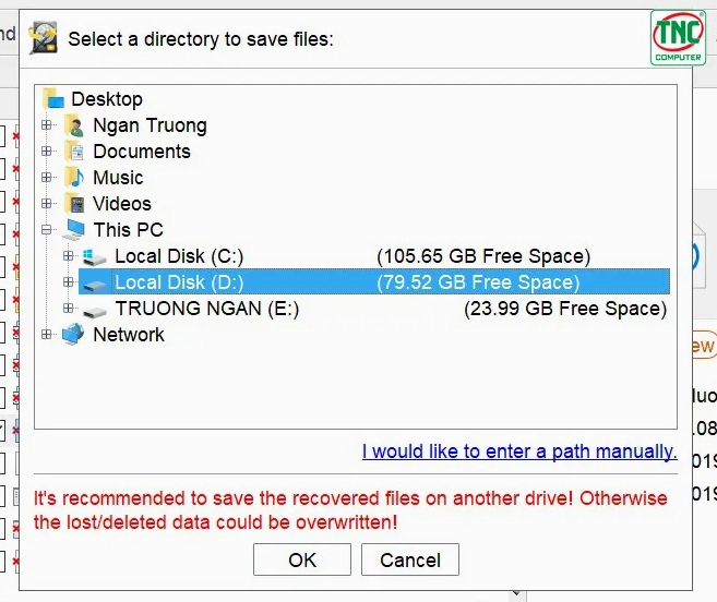 Chọn vị trí thư mục an toàn để lưu các file vừa được phục hồi