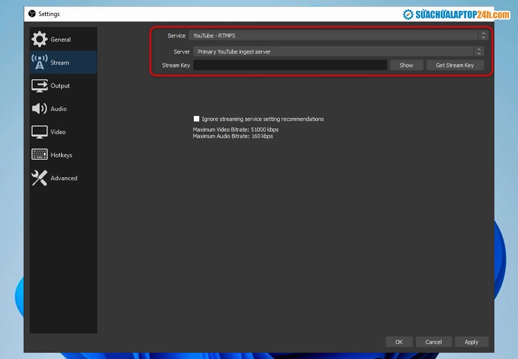 Chọn Youtube trọng mục Service và nhấn Get Stream Key