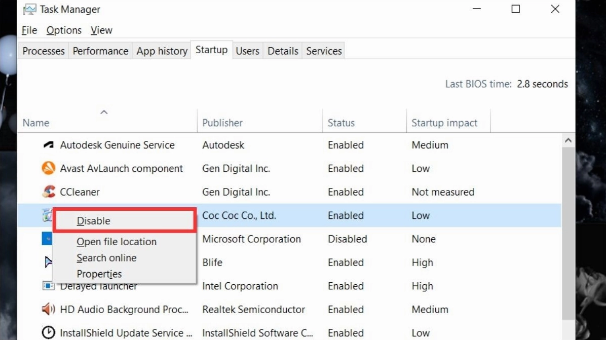 Hướng dẫn chi tiết cách tăng tốc cho laptop chạy mượt mà như mới 14 Chuyển sang tab Startup sau đó chọn ứng dụng bạn muốn tắt và nhấn Disable
