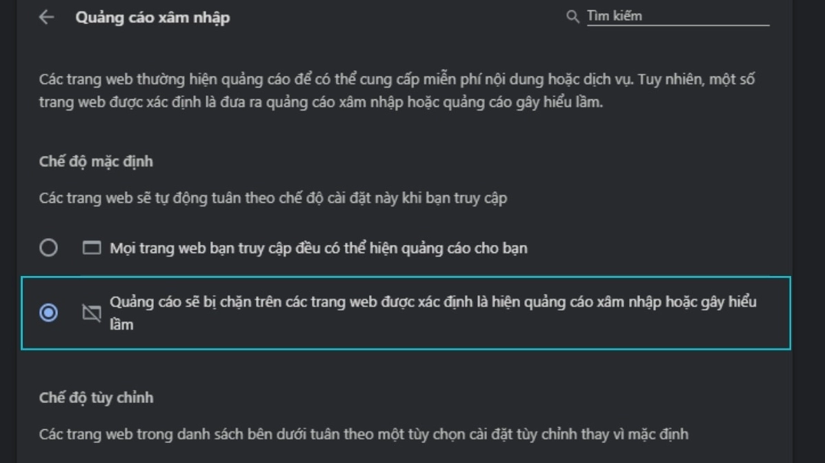 Chuyển trạng thái thành Chặn quảng cáo trên các trang web hiển thị quảng cáo xâm nhập