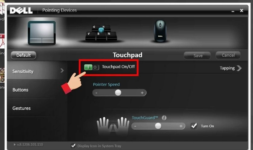 Chuyển trạng thái tùy chọn touchpad sang ON để kích hoạt chuột cảm ứng trên laptop Dell