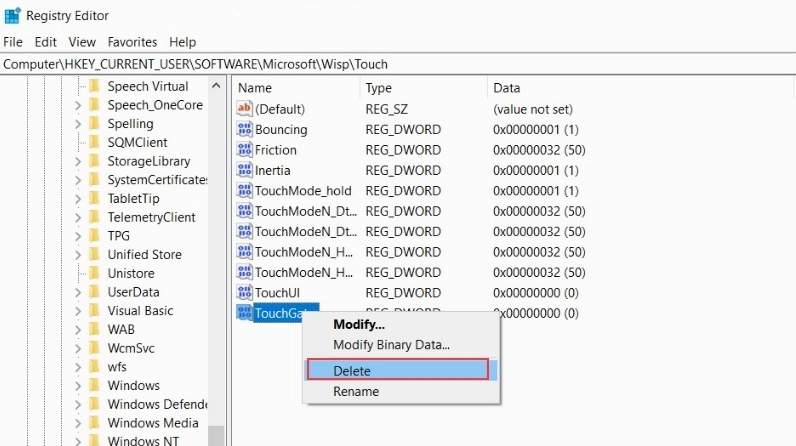 Click chuột phải vào tệp TouchGate > Chọn Delete