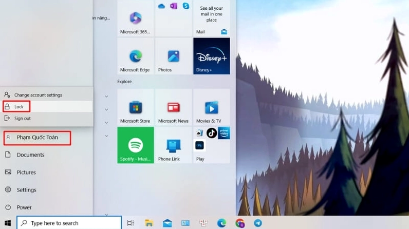 Click vào biểu tượng tài khoản người dùng trong Start Menu để chọn lệnh khóa