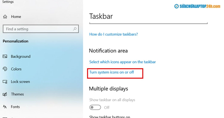 Cửa sổ cài đặt Taskbar với tùy chọn Turn system icons on or off được đánh dấu
