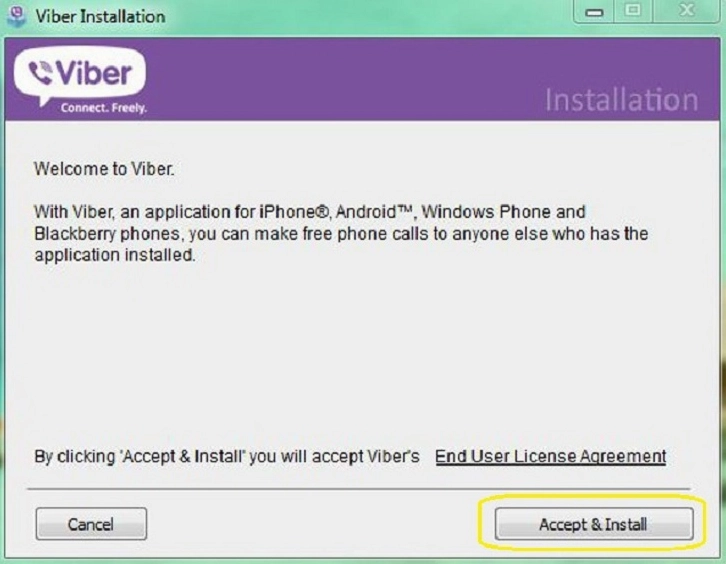 Cửa sổ cài đặt Viber hiển thị nút Accept and Install để đồng ý điều khoản