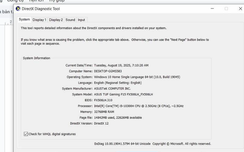 Cửa sổ công cụ DirectX Diagnostic Tool (dxdiag) trên Windows