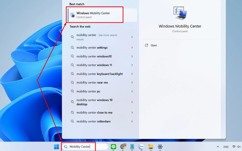Cửa sổ công cụ Windows Mobility Center hiển thị các thanh trượt điều chỉnh ánh sáng và âm thanh