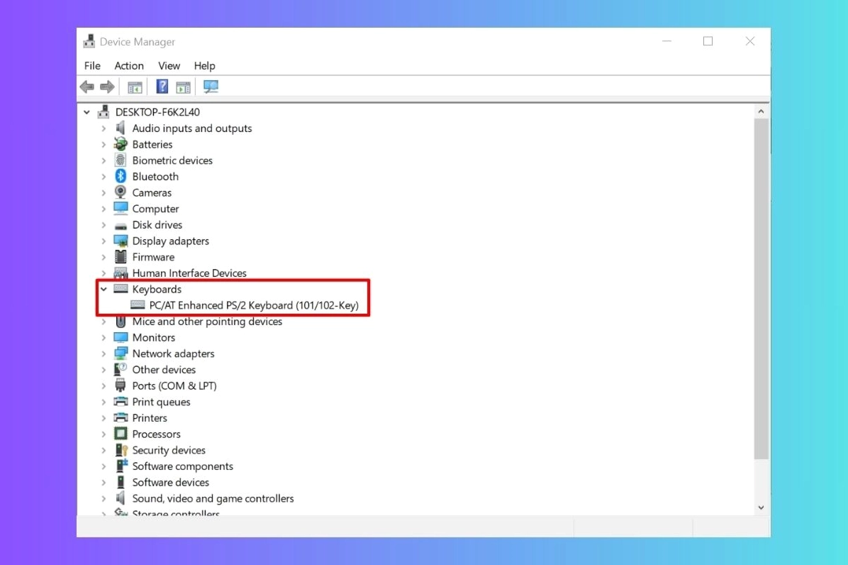 Cửa sổ Device Manager trên Windows với mục Keyboards được mở rộng