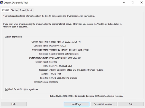 Cửa sổ hiển thị các thông tin cơ bản về hệ thống máy tính