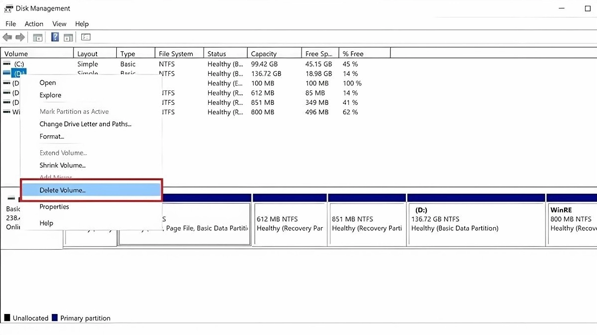 Hướng dẫn chi tiết cách kết nối hdd với laptop đơn giản và an toàn nhất 8 Cửa sổ quản lý Disk Management trên Windows cho phép xóa và tạo lại phân vùng