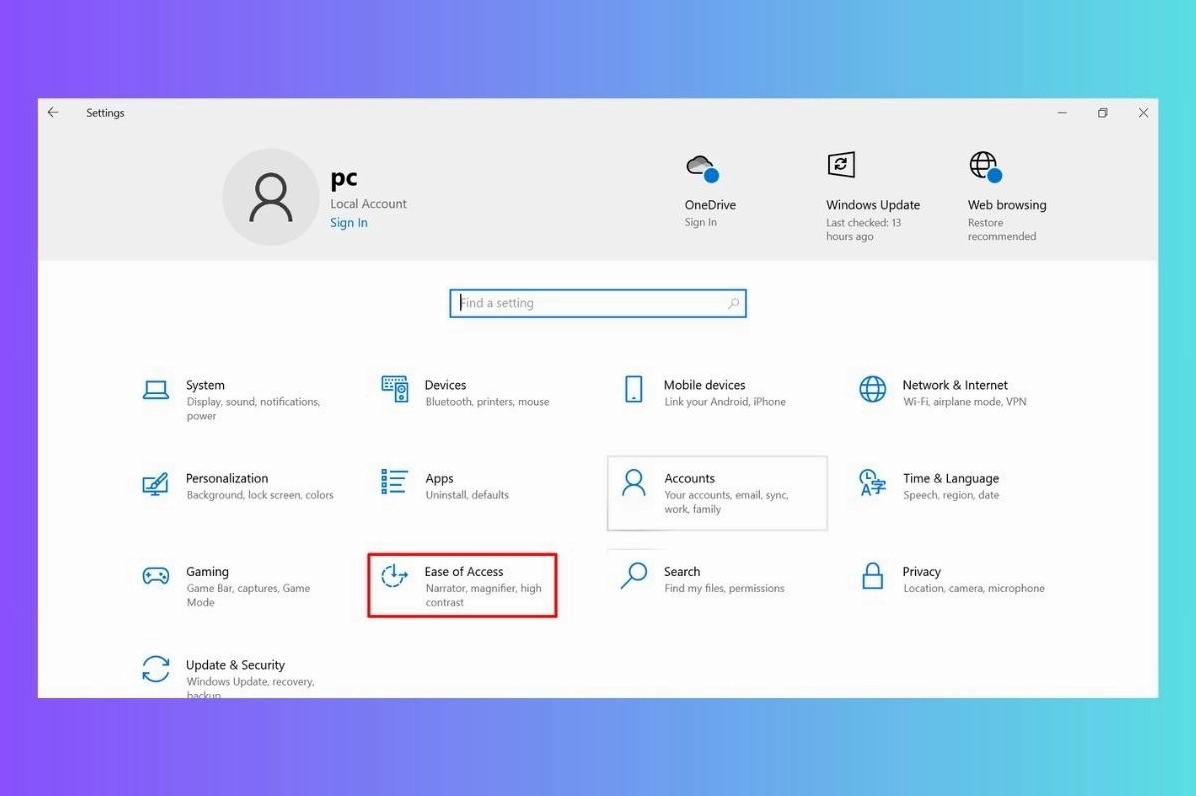 Cửa sổ Settings của Windows với mục Ease of Access được đánh dấu