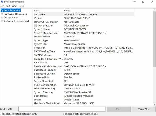 Cửa sổ System Information hiển thị chi tiết các thông số của máy tính