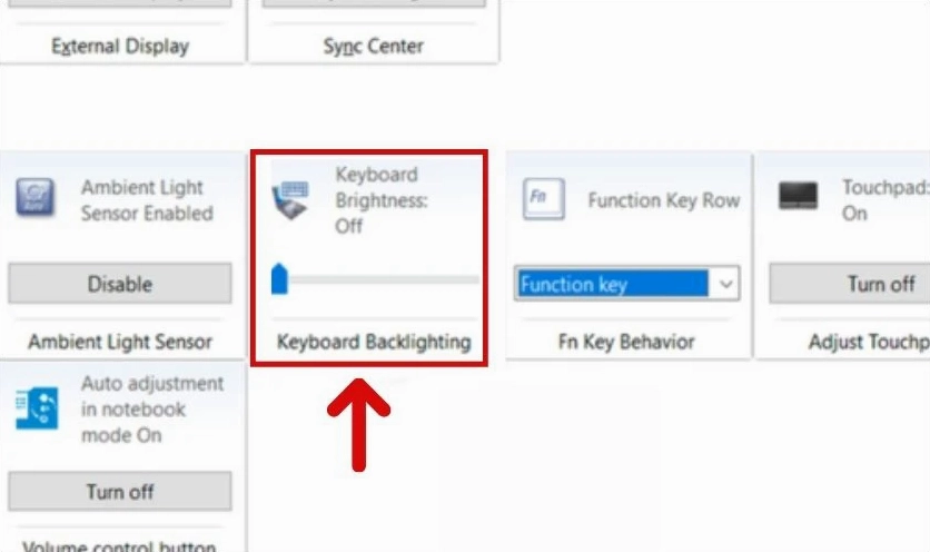 Cửa sổ thiết lập tùy chọn Keyboard Backlighting trên hệ điều hành Windows