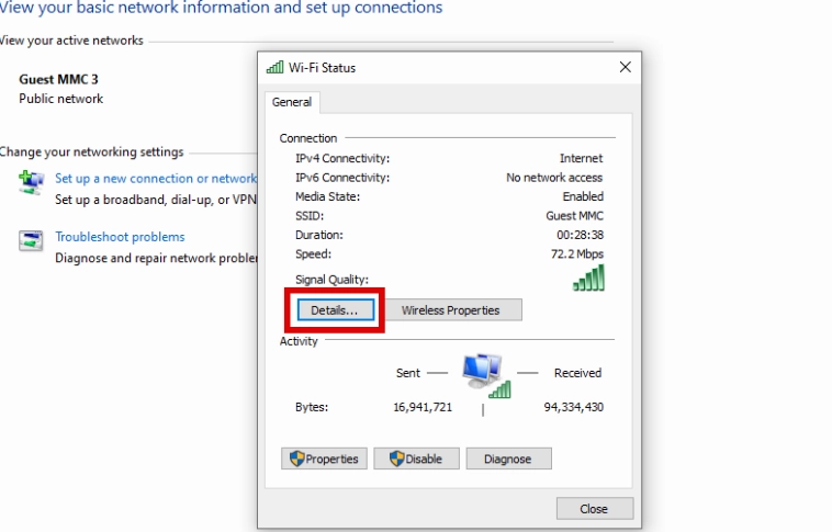 Cửa sổ trạng thái kết nối mạng Network Connection Status