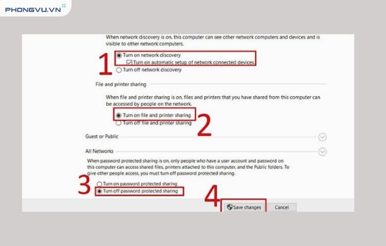 Hướng dẫn chi tiết cách thêm máy in vào laptop nhanh chóng và hiệu quả 17 Đánh dấu các tùy chọn chia sẻ mạng như hình hướng dẫn