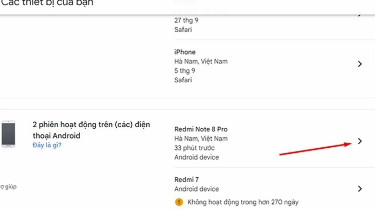 Danh sách các thiết bị mà bạn đã đăng nhập vào tài khoản Google sẽ hiện ra