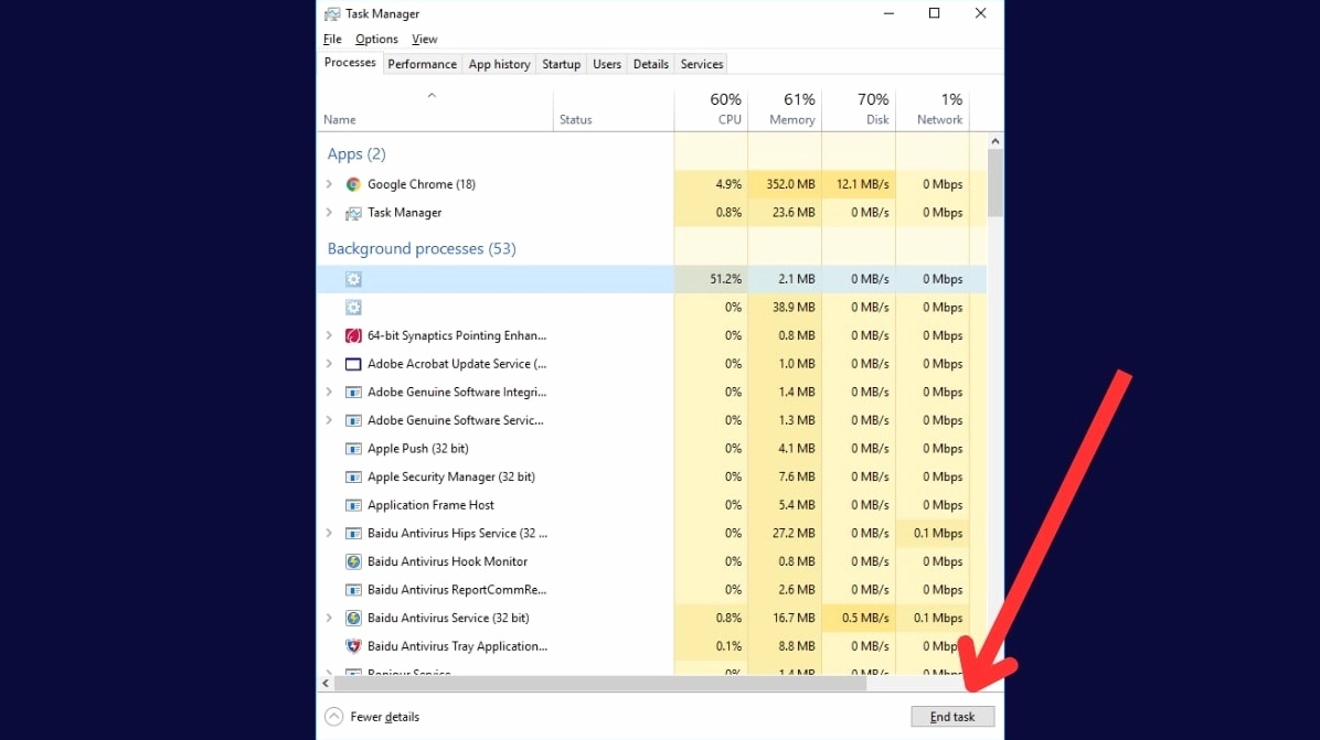 Danh sách các tiến trình đang hoạt động bên trong mục Background processes của Task Manager