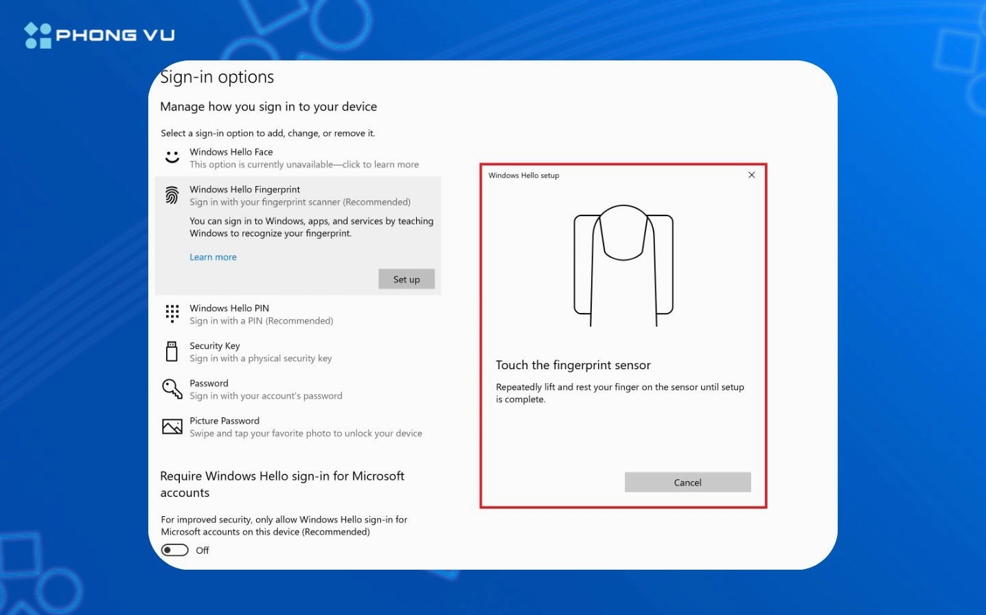 Đặt ngón tay lên khu vực cảm biến vân tay của chiếc laptop