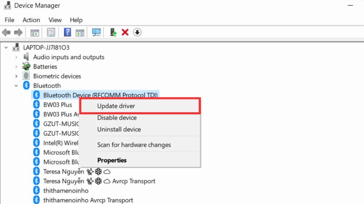 Hướng dẫn chi tiết cách bật bluetooth trên laptop dell inspiron nhanh chóng nhất 27 Để cập nhật driver bạn mở Device Manager click chuột phải vào driver Bluetooth và chọn Update driver