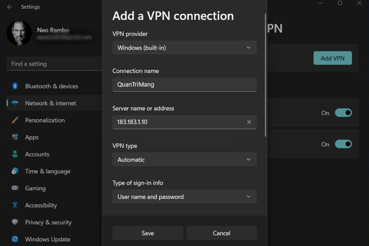 Hướng dẫn chi tiết cách bật VPN trên laptop nhanh chóng và an toàn 11 Điền các thông tin cần thiết vào form cấu hình