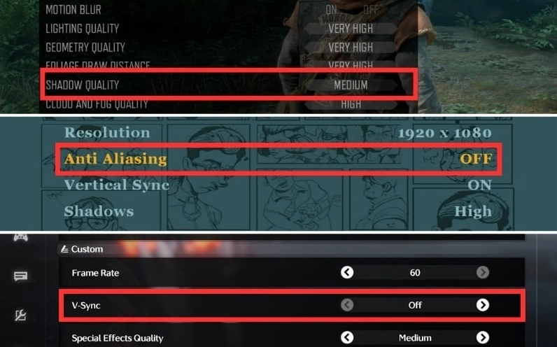 Điều chỉnh các thiết lập độ đổ bóng, khử răng cưa và tắt V-Sync trong game