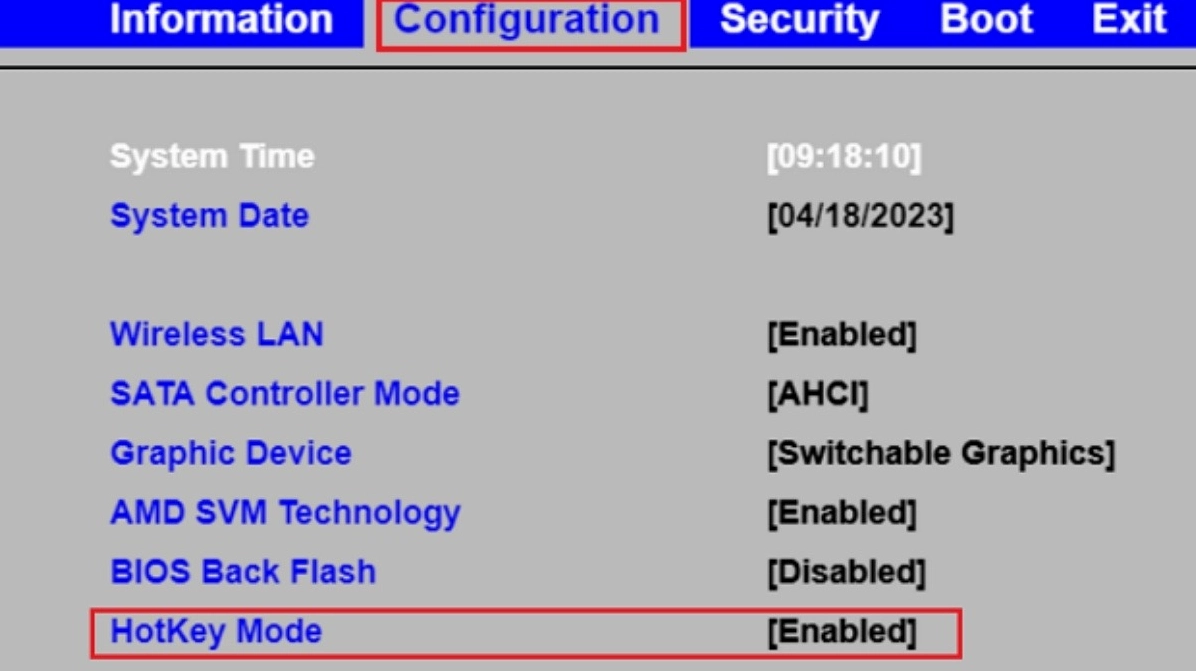 Điều hướng đến tab Configuration và tìm kiếm HotKey Mode