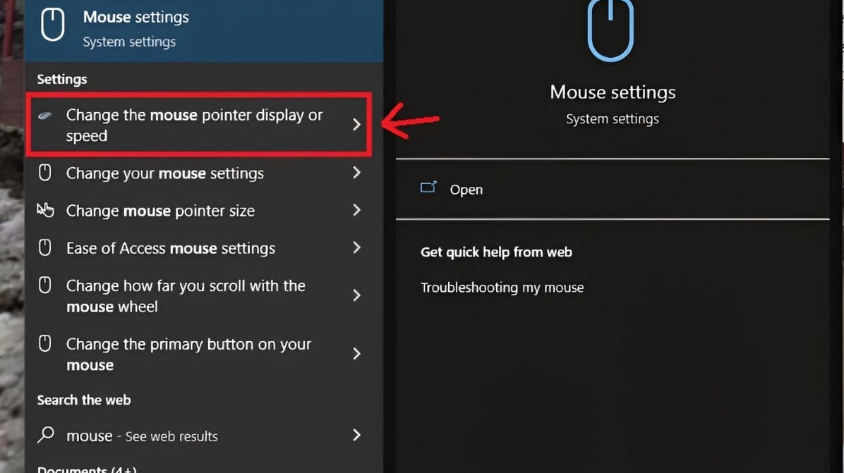 Đường dẫn truy cập vào mục thay đổi tốc độ và biểu tượng con trỏ trên màn hình