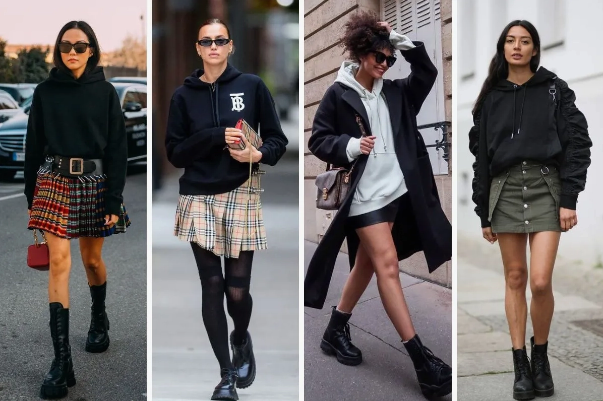 Gái xinh phối áo hoodie với chân váy ngắn