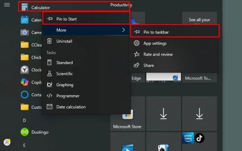 Ghim ứng dụng Calculator vào thanh Taskbar hoặc Start Menu bằng cách nhấn chuột phải