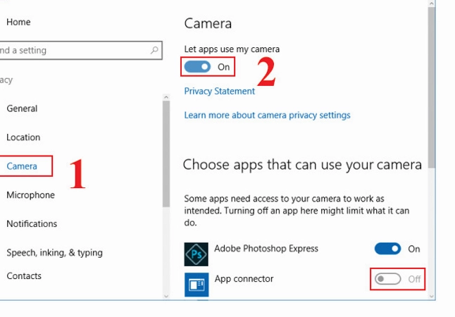 Hướng dẫn chi tiết cách cài webcam cho laptop cực đơn giản tại nhà 15 Giao diện bật tính năng camera on trong mục Privacy Setting của Windows
