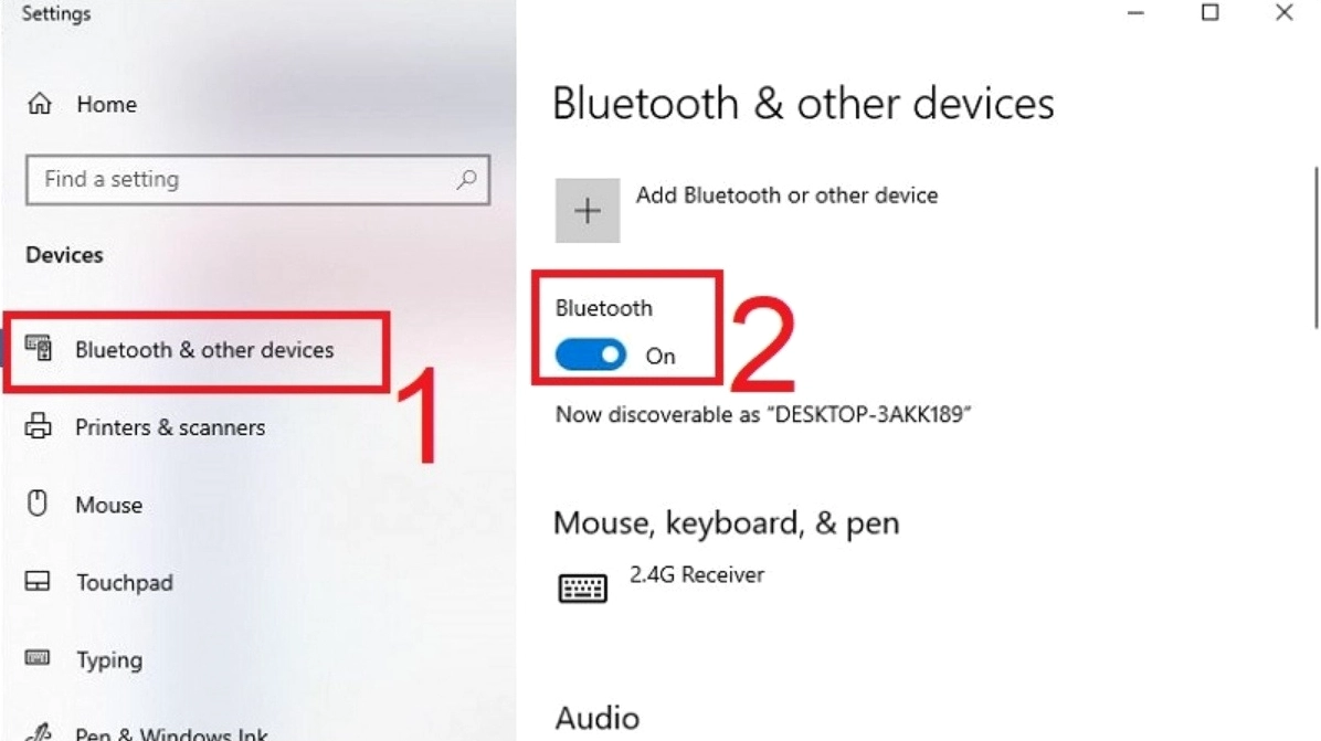 Giao diện cài đặt Windows hướng dẫn bật tính năng Bluetooth trên máy tính