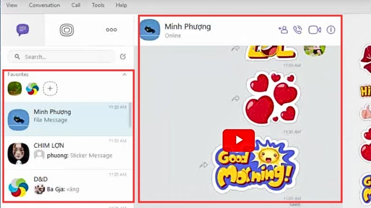 Giao diện chính của phần mềm Viber trên máy tính hiển thị danh sách nhắn tin và khu vực chat