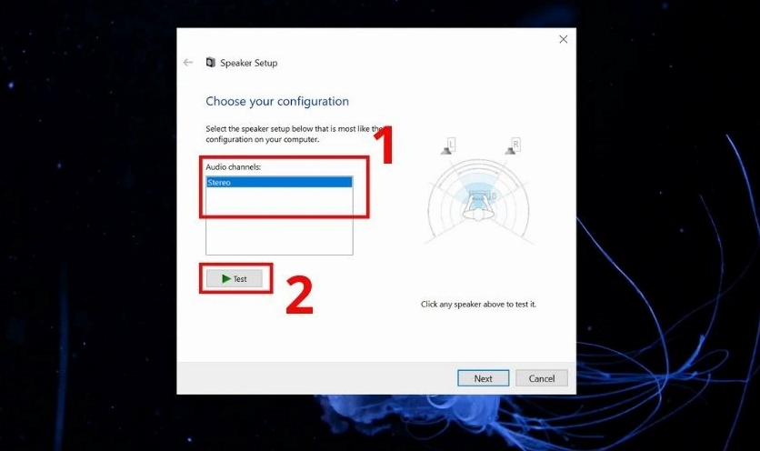 Giao diện chọn cấu hình âm thanh muốn kiểm tra trong phần Audio channels của cài đặt laptop