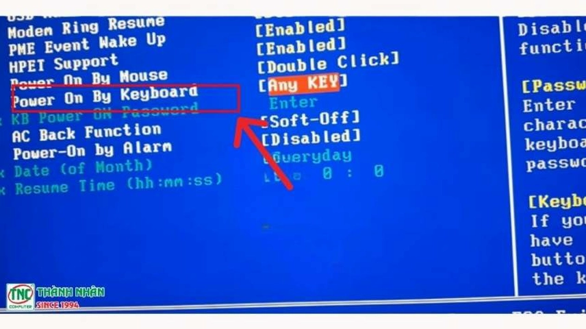 Hướng dẫn chi tiết cách mở nguồn laptop hiệu quả khi nút nguồn bị hỏng 5 Giao diện chọn chức năng Power on by keyboard trong BIOS